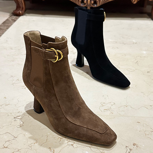 2024秋冬新款女靴子尖头细跟磨砂真皮短筒加绒裸靴百搭高跟短靴潮