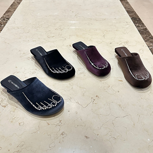 子 圆头低跟包头一字拖丝绒水钻百搭平底凉拖鞋 欧货2026夏新款 女鞋