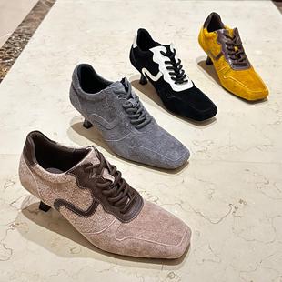 欧货2025春新款女鞋方头细跟真皮深口小猫跟运动休闲高跟鞋子单鞋