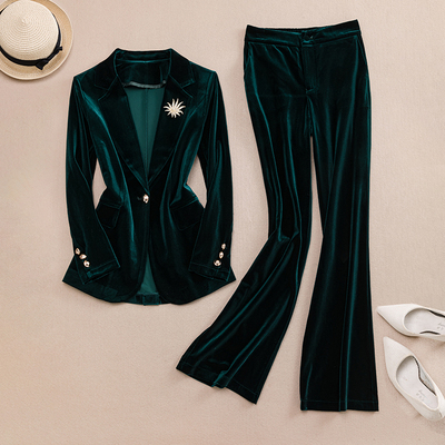 绿色金丝绒西装套装高端职业装2025春新款金丝绒西服气质上衣外套