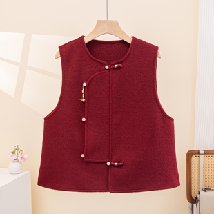 2026春秋冬新款新中式国风盘扣马甲女款红色唐装毛呢外套新年战袍