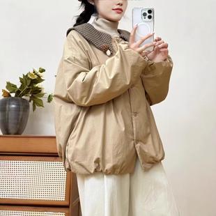 日系森系撞色毛呢格子翻领加棉棉衣女冬季新款宽松百搭减龄外套女