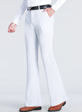 夏季薄款白色喇叭裤男青年修身垂顺冰丝男裤时尚休闲弹力大脚西裤
