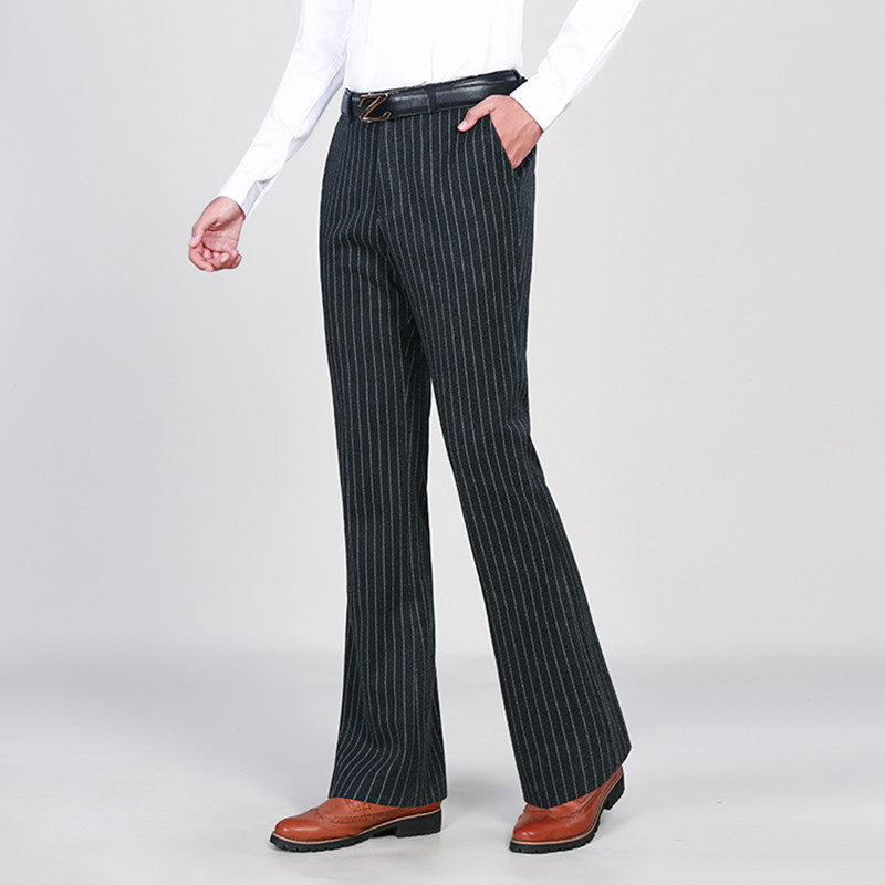 冬季弹力厚款条纹喇叭裤男商务休闲保暖大脚西裤青年修身垂感男裤