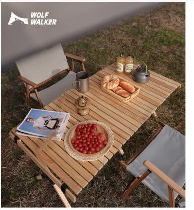 狼行者 户外实木蛋卷桌便携式折叠桌车载野外露营烧烤野餐松木桌