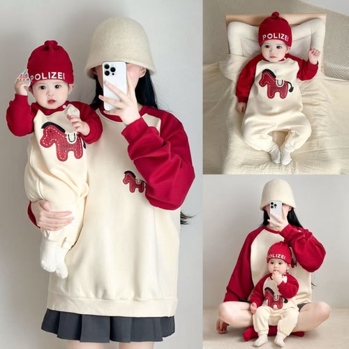 马年亲子装一家三口高级感冬装四口母子母女婴儿爬服长袖卫衣2026