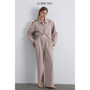 FORRETRO摩卡棕条纹全棉睡衣复古慵懒宽松高级感春夏家居服可外穿