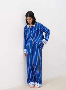 FORRETRO克莱因蓝撞色条纹纯棉睡衣长袖长裤春夏秋男女家居服外穿