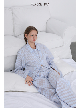 FORRETRO春夏蓝棕条纹全棉宽松慵懒睡衣套装男女同款家居服可外穿