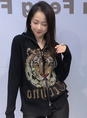 欧美女装坑条针织毛衣外套女秋冬新款重工烫钻老虎头拉链开衫上衣