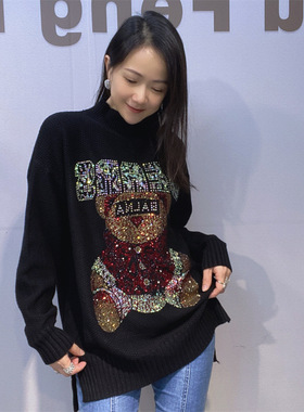 跨境欧美亚马逊秋冬新款立领红色毛衣女宽松毛织长袖套头烫钻上衣