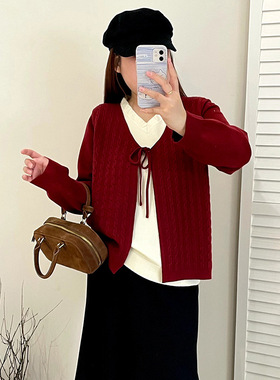 大码女装假两件绑带上衣女2025冬款胖mm撞色针织衫休闲毛衣23582