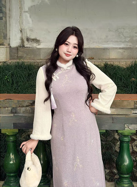 52231国风中式长款改良连衣裙2025冬季新款复古显瘦修身大码旗袍