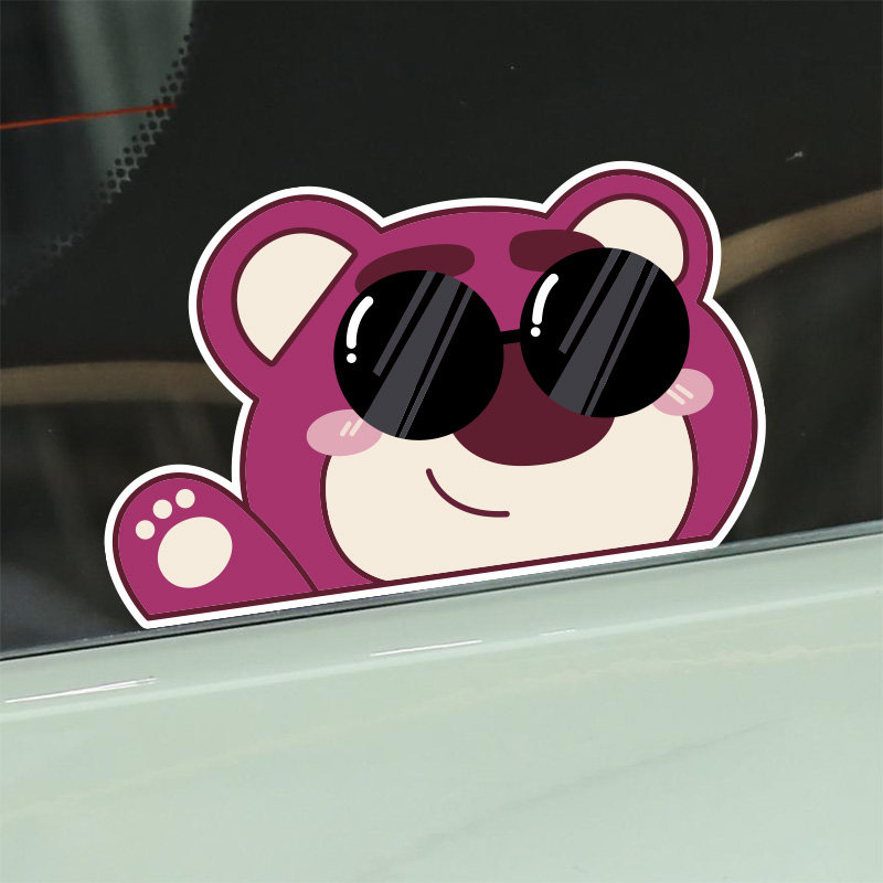个性创意草莓熊招手可爱卡通车窗汽车贴纸摩托车电动车划痕遮挡