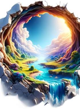 爆款3d破洞视觉唯美风景图案餐厅门窗墙面装饰贴画汽车身防水贴纸