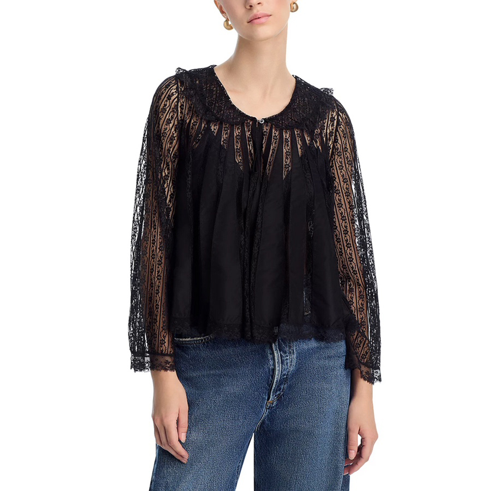 黑色蕾丝娃娃领长袖衬衫