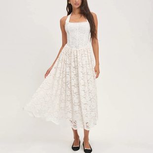 浪漫风白色蕾丝挂脖连衣裙女无袖收腰A字仙女风度假长裙