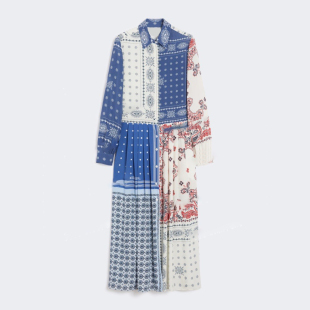 现货 衬衫 2025秋新款 拼色印花长袖 裙休闲连衣裙百褶长裙女 法式