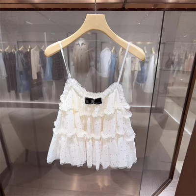 法式甜美风白色波点吊带背心女荷叶边叠层内搭气质上衣
