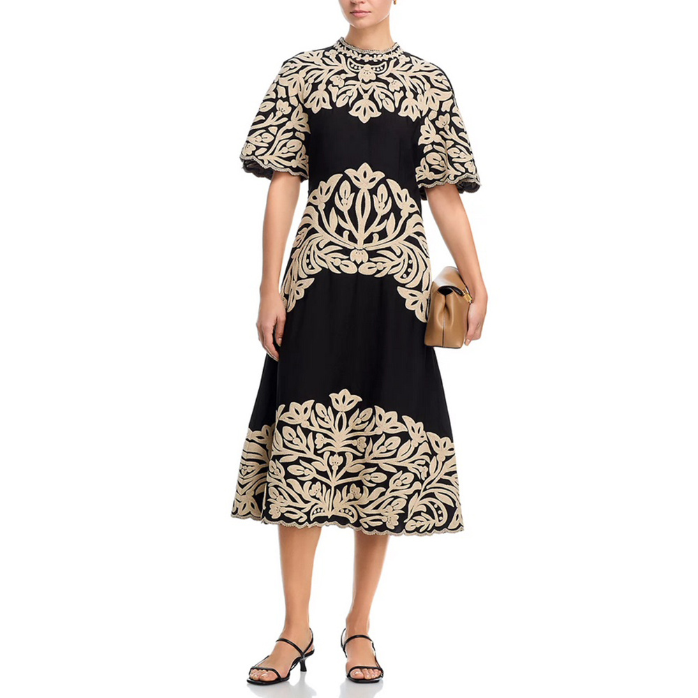 撞色立领花纹刺绣泡泡袖连衣裙