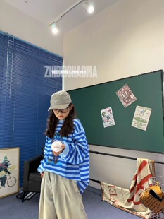 儿童新款男女中大童趣味印花领圈撞色长袖T恤卫衣