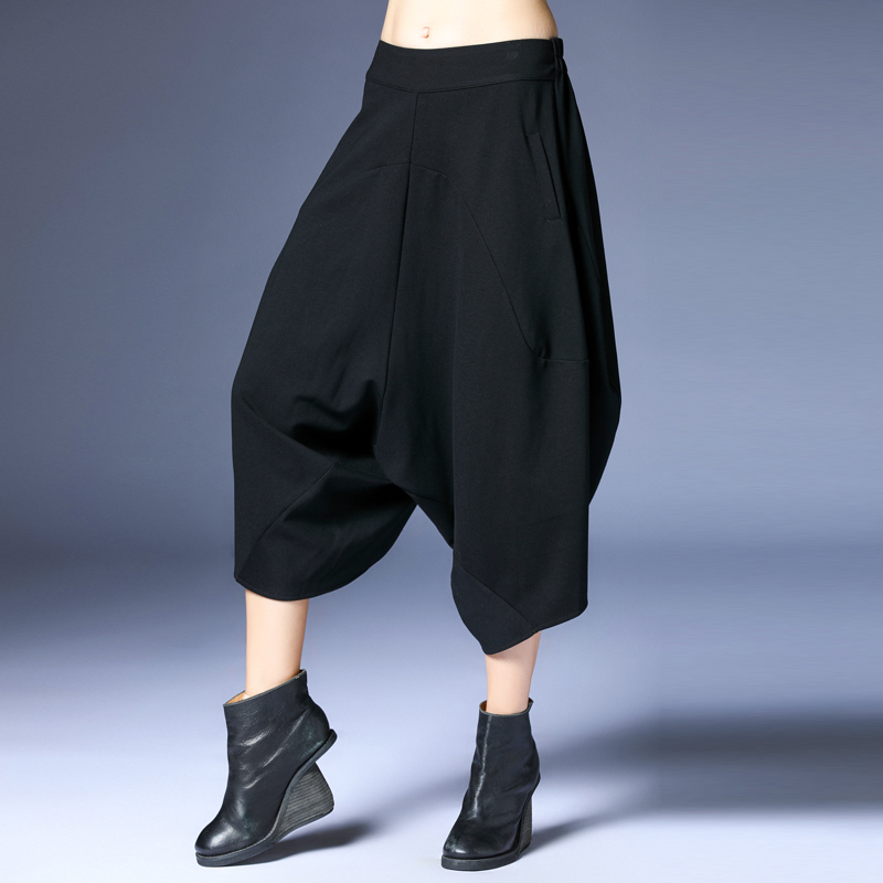 3咫尺宽松七分哈伦裤女装大码黑色休闲裤显瘦百搭裤子2021秋装新款