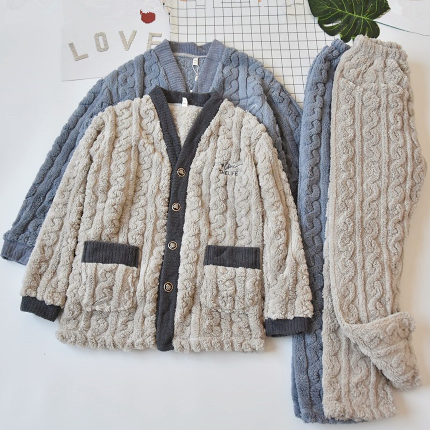 珊瑚绒睡衣麻花纹理秋冬季套装