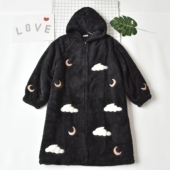 外贸女士超厚实刺绣羊羔绒连帽拉链睡袍冬季 加厚保暖珊瑚绒家居服