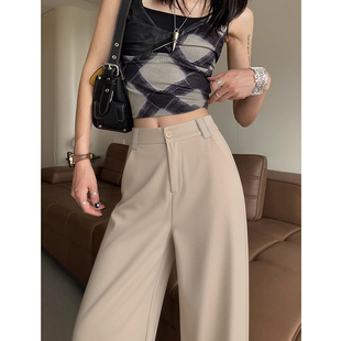 卡其色休闲阔腿裤女2026新款老钱风家窄版西装阔腿裤胖MM棉麻夏裤