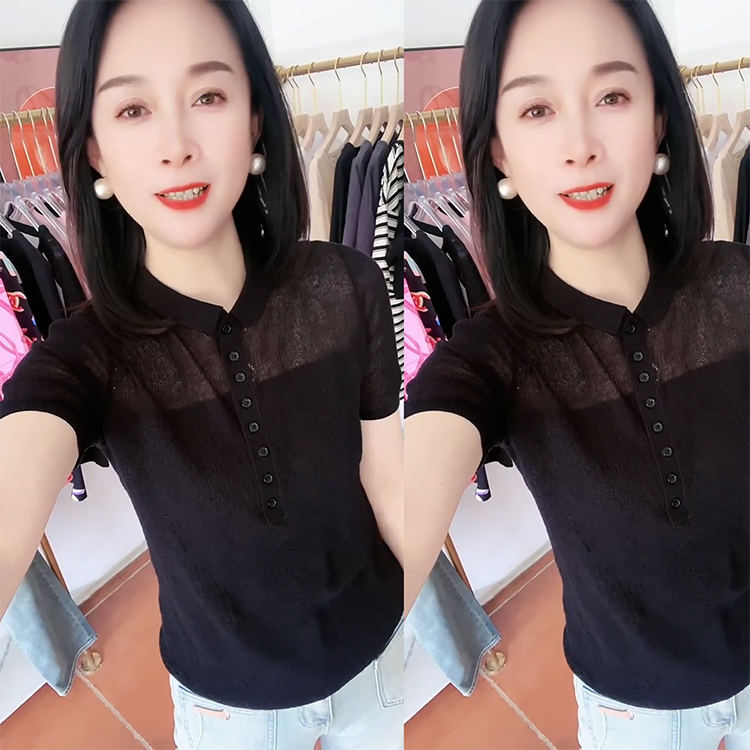 黑色翻领微透显瘦百搭弹力凉爽