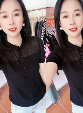黑色翻领微透短袖t恤女夏季新款修身显瘦百搭弹力凉爽温柔风上衣