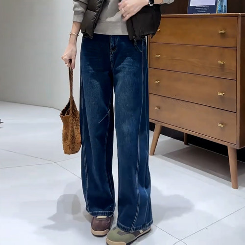 温柔风深蓝色显瘦遮肉简约弯刀裤