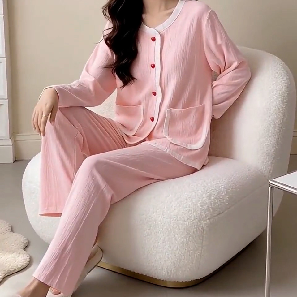 粉色春秋冬睡衣女动感少女风梭织云朵棉带胸垫长袖开衫家居套装