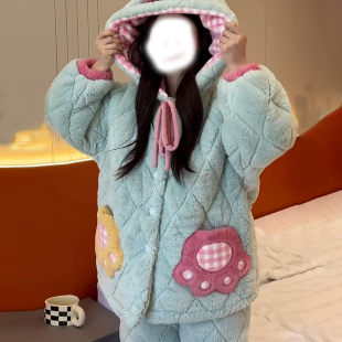 韩版秋冬款撞色睡衣女珊瑚绒加厚连帽可爱网红风三层夹棉家居套装