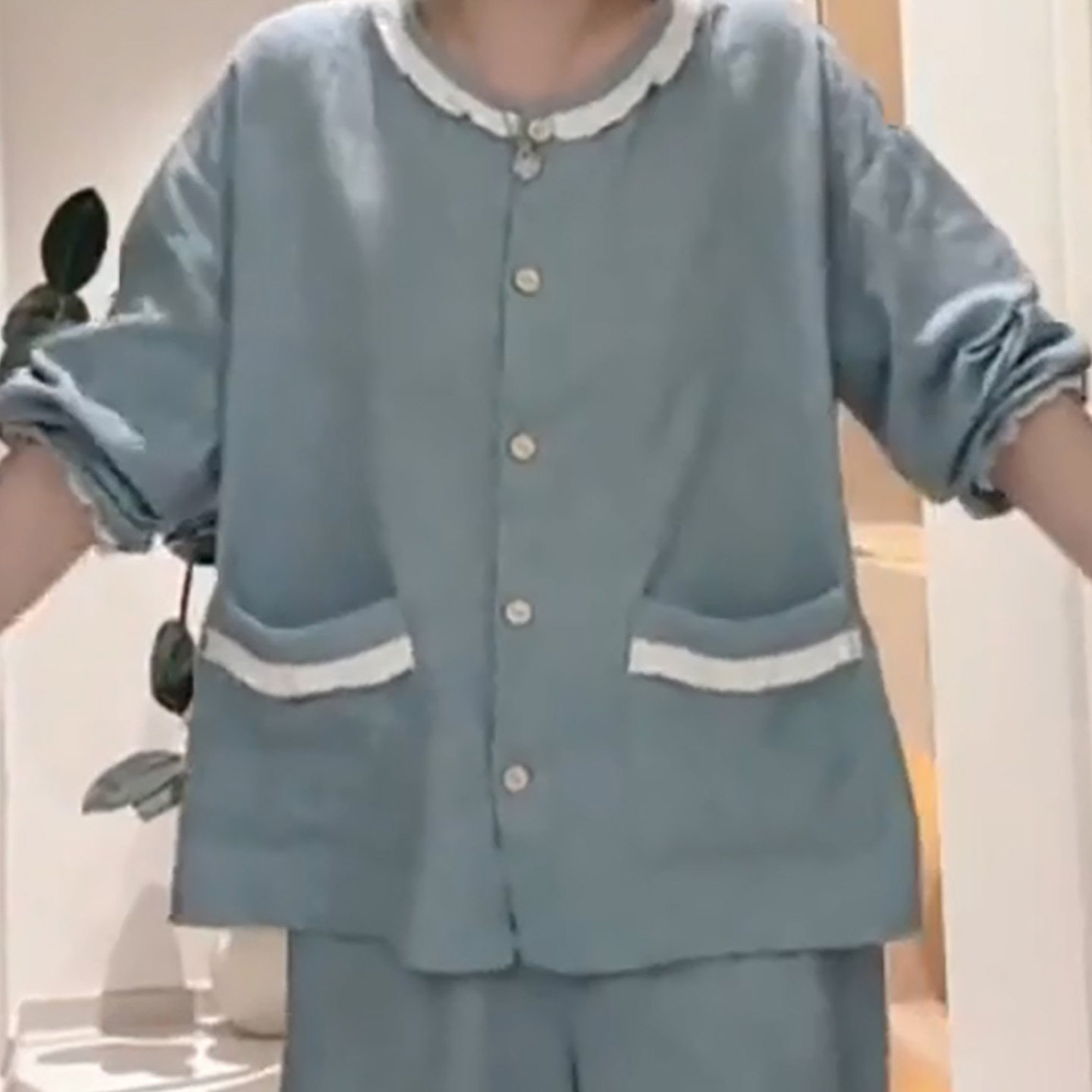 韩版暗纹提花圆领开衫睡衣女2026秋冬蓝色长袖休闲灯笼裤家居服