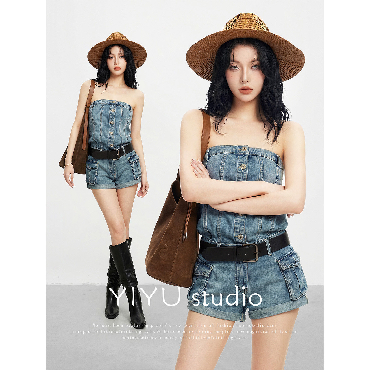 【伊予YiYu】美式辣妹风牛仔连体裤女春夏季抹胸高腰直筒连身短裤