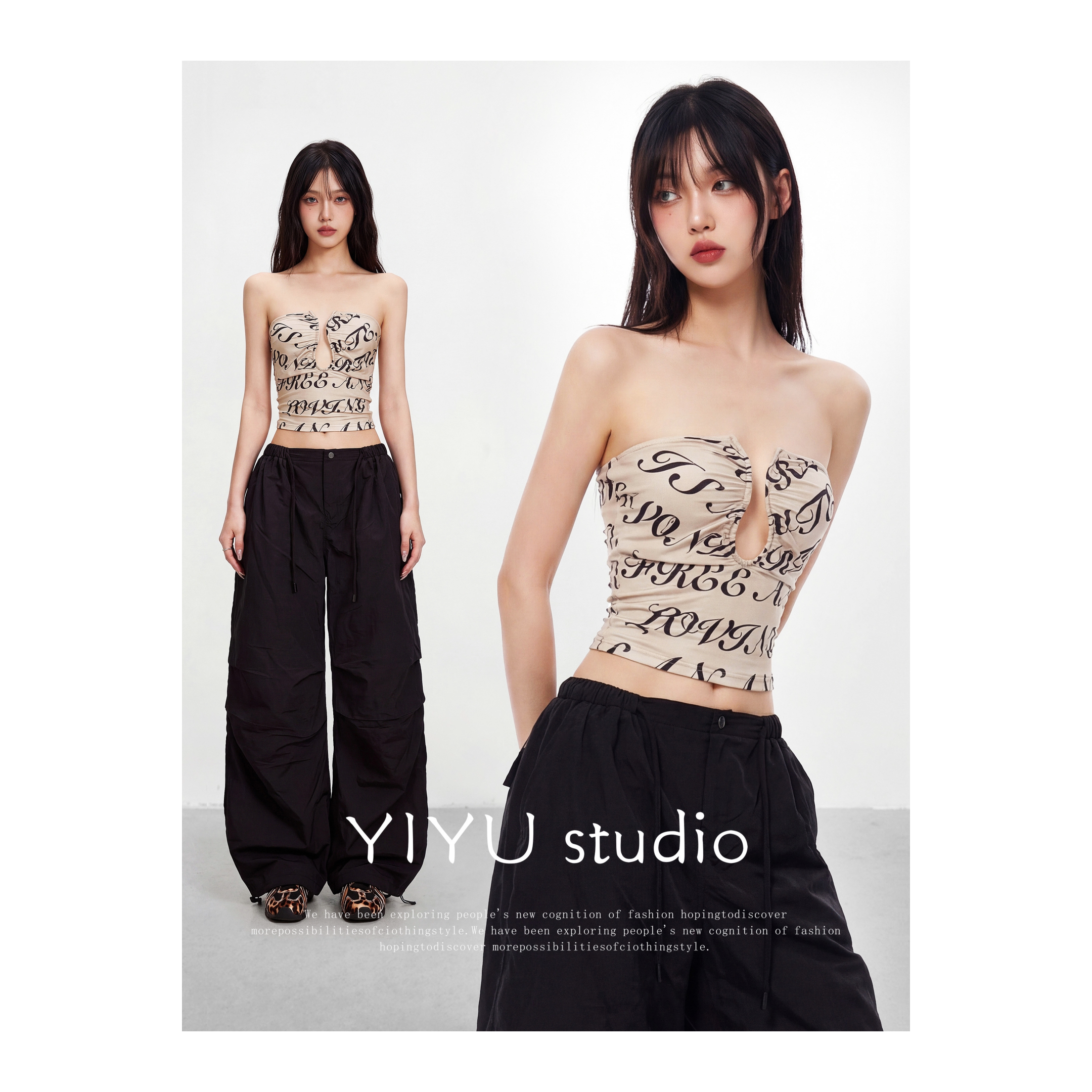 【伊予YiYu】美式辣妹穿搭性感纯欲字母全印花抹胸背心镂空上衣女