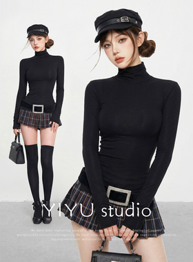 【伊予YiYu】御姐风高领长袖T恤女格子短裙收腰显瘦高级时尚套装