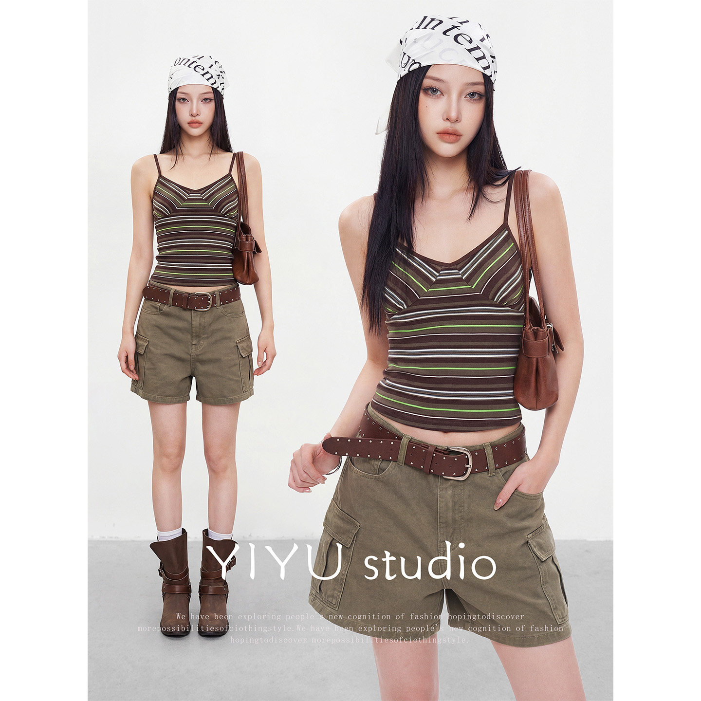 【伊予YiYu】美式辣妹穿搭套装拼色条纹背心吊带工装风绿色短裤女