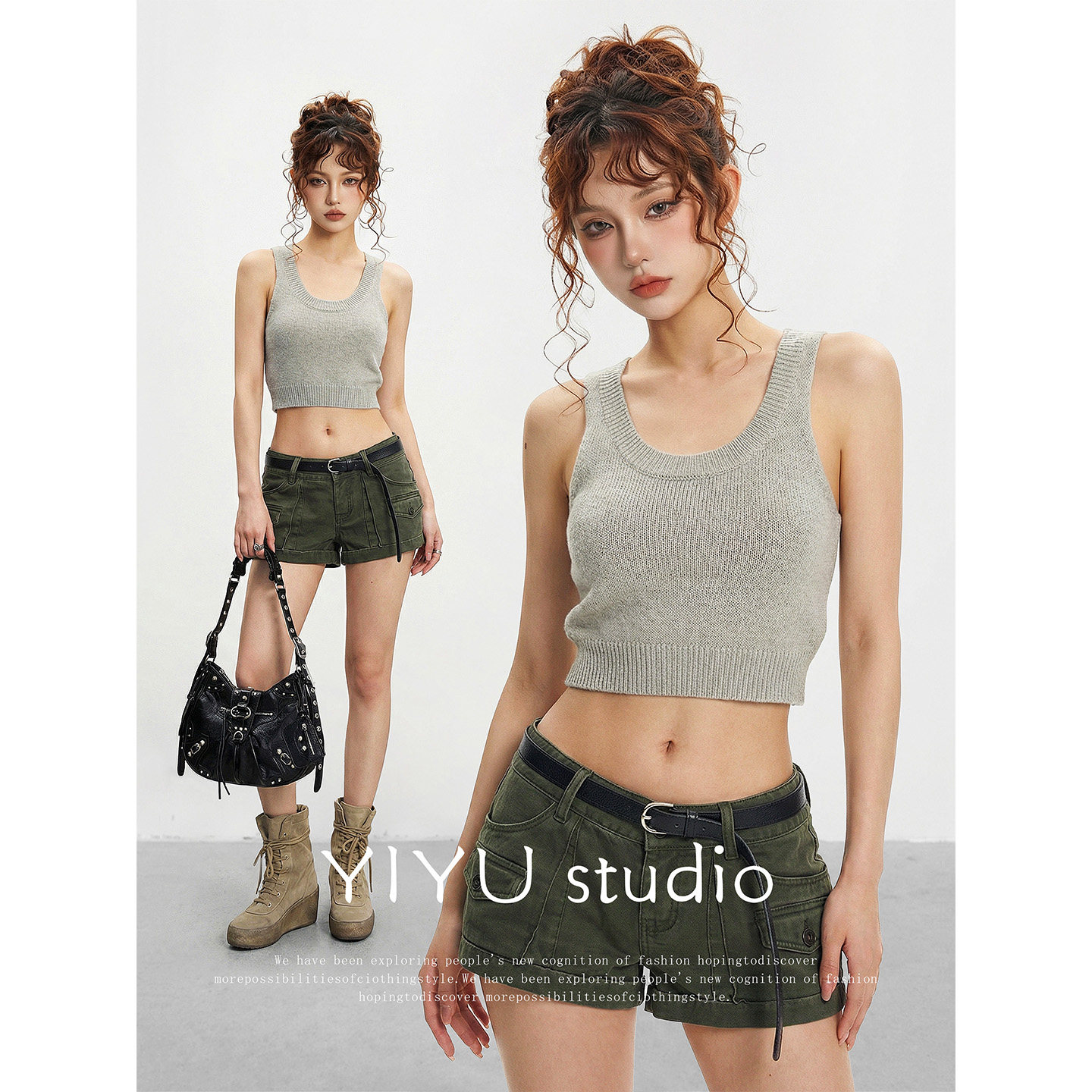 【伊予YiYu】春夏穿搭女针织吊带背心工装短裤套装辣妹短款两件套