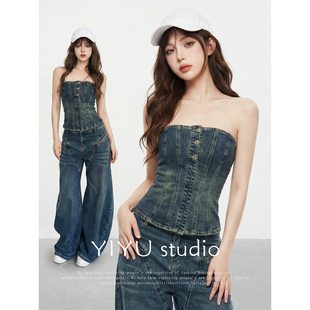 【伊予YiYu】美式复古牛仔抹胸套装女2026春夏修身时尚辣妹两件套