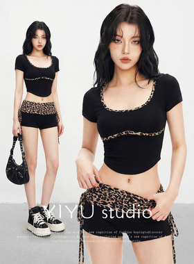 【伊予YiYu】性感辣妹黑色U领短袖套装女春夏季修身豹纹拼接短裤