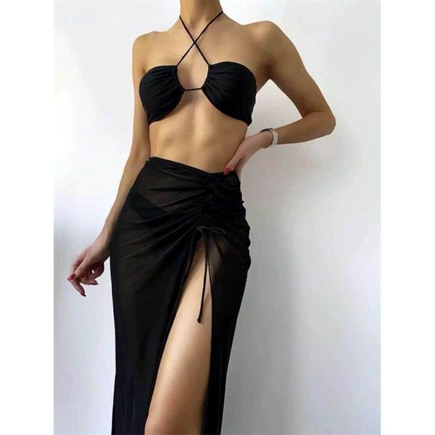 温泉比基尼三件套黑色分体泳衣带罩裙欧美ins风辣妹游泳衣Bikini