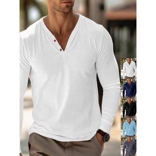 T恤潮流痞帅V领亨利衫 男长袖 上衣Men 时尚 2025夏季