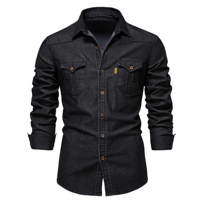 Cotton Denim Shirt Men Long Sleeve Cowboy Shirts for Mens 男
