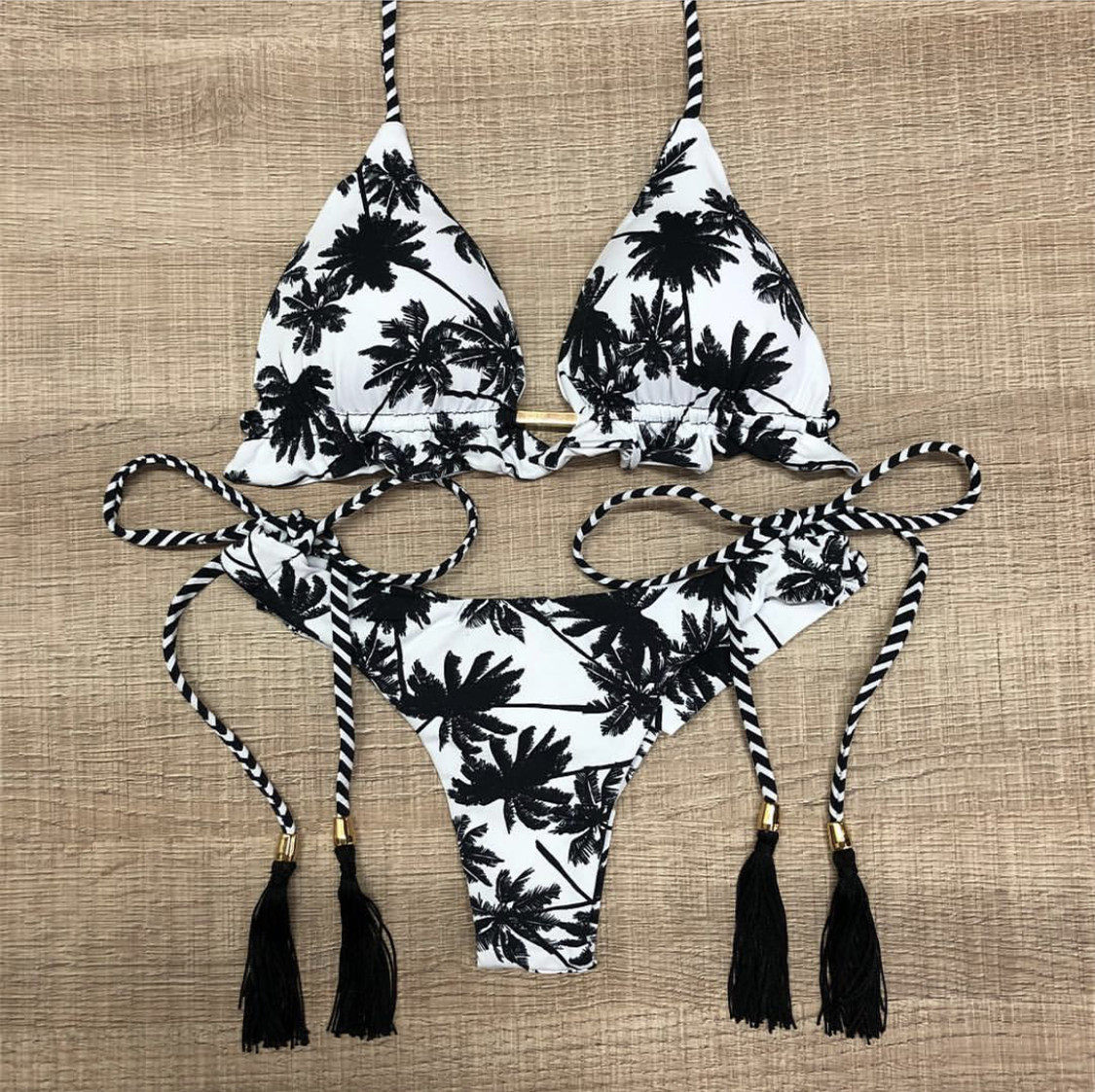豹纹比基尼纯色女泳衣性感绑带分体泳装Lace-up bikini swimsuit