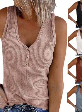 2021亚马逊wish夏季新款欧美跨境女装纽扣背心纯色V领无袖T恤上衣