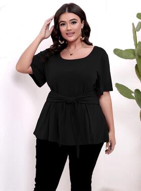 Plus size summer women tops lady round neck shirt短袖T恤女士