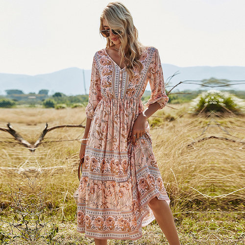 Half Sleeve Dress For Women Fashion Print Summer Long Dress