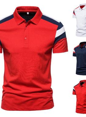 外贸欧码跨境夏季男士时尚红色块短袖翻领T恤POLO衫Men